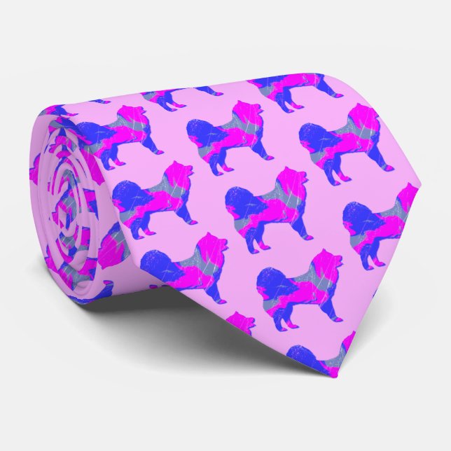 Samoyed Dog Silhouette Pink & Blue Light Pink Neck Tie (Rolled)