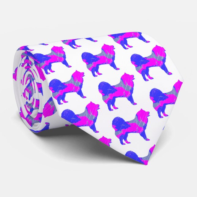 Samoyed Dog Silhouette Pink & Blue Light White Neck Tie (Rolled)