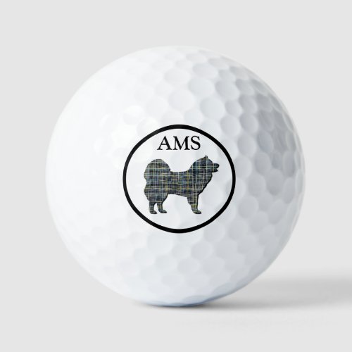 Samoyed Dog Silhouette Yellow  Blue Grid Golf Balls