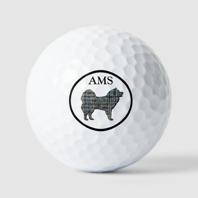 Samoyed Dog Silhouette Yellow & Blue Grid Golf Balls (Front)