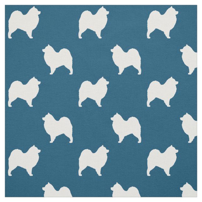 Samoyed Dog Silhouettes Pattern Blue and White Fabric (Swatch)