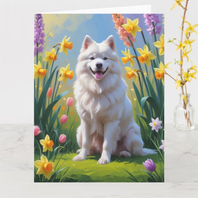 Samoyed Dog Spring Flowers Painting  Card (Yellow Flower)