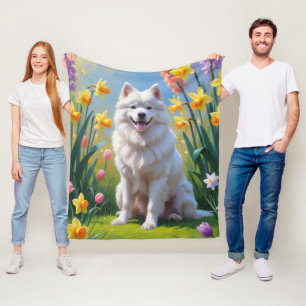 Samoyed Dog Spring Flowers Painting  Fleece Blanket
