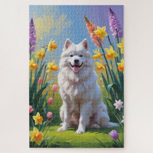Samoyed Dog Spring Flowers Painting  Jigsaw Puzzle (Vertical)