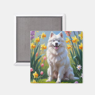 Samoyed Dog Spring Flowers Painting  Magnet