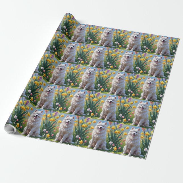 Samoyed Dog Spring Flowers Painting  Wrapping Paper (Unrolled)