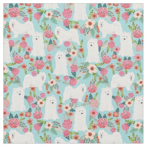 Samoyed dog vintage florals light blue fabric