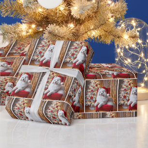 Samoyed Dog Wearing a Santa Claus Hat Wrapping Paper