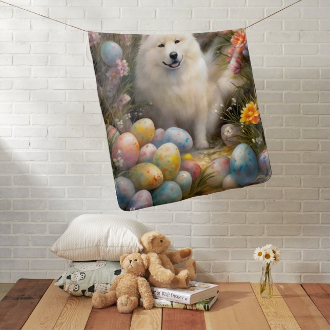 Samoyed Dog with Easter Eggs Holiday Baby Blanket (In Situ)