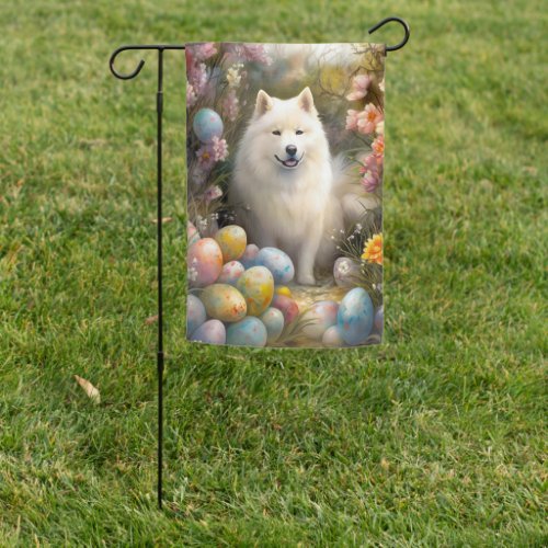 Samoyed Dog with Easter Eggs Holiday Garden Flag