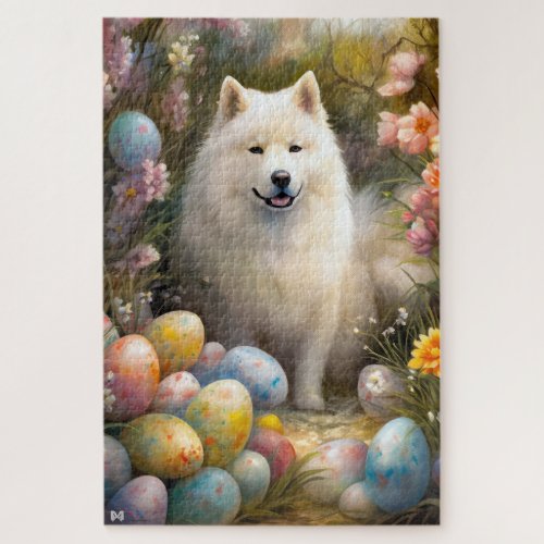 Samoyed Dog with Easter Eggs Holiday Jigsaw Puzzle