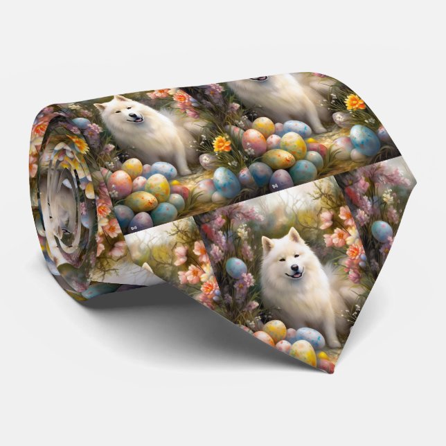 Samoyed Dog with Easter Eggs Holiday Neck Tie (Rolled)