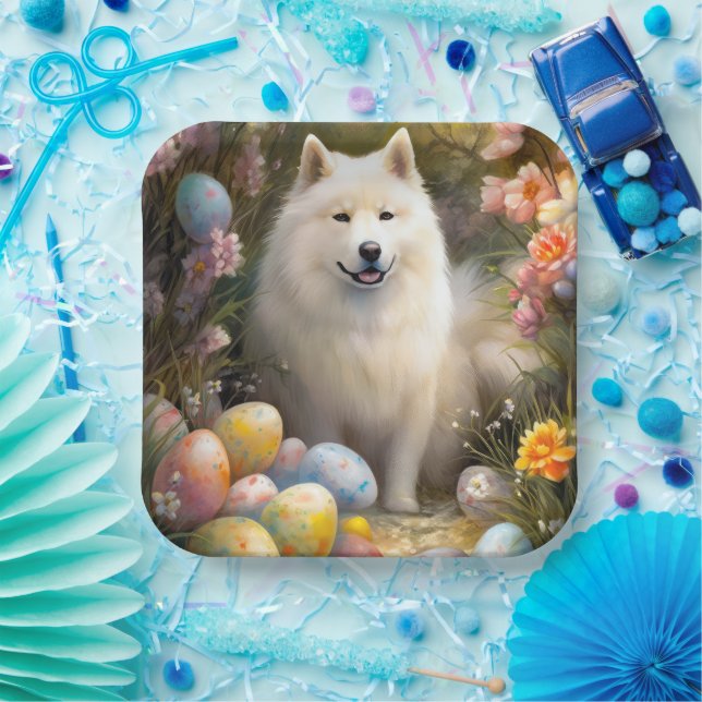 Samoyed Dog with Easter Eggs Holiday Paper Plates (Party)