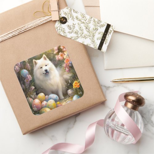 Samoyed Dog with Easter Eggs Holiday Square Sticker