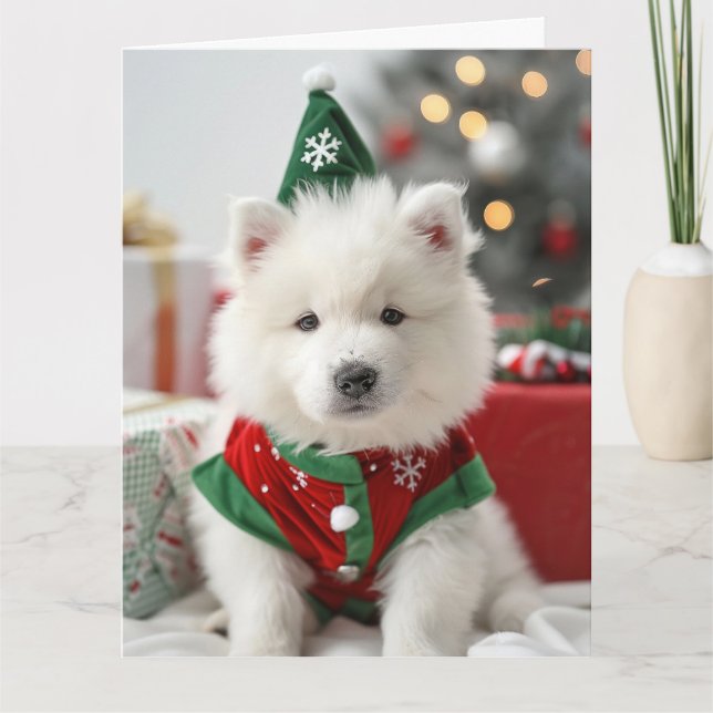 Samoyed Elf Puppy Christmas Card  (Front)