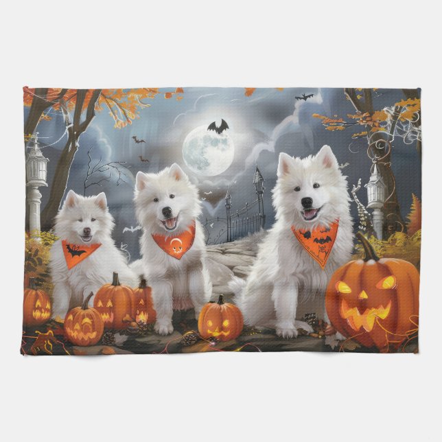 Samoyed Halloween Spooky Kitchen Towel (Horizontal)