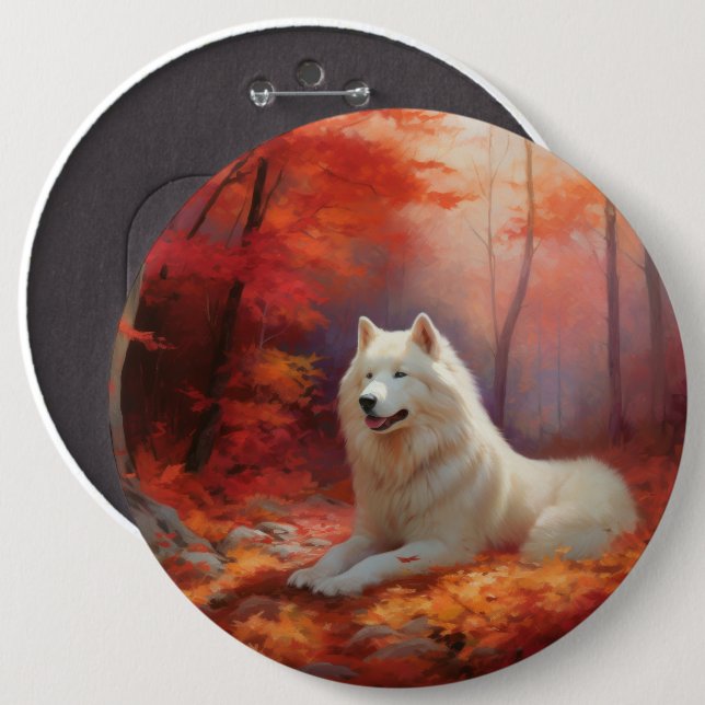 Samoyed in Autumn Leaves Fall Inspire  Button (Front & Back)