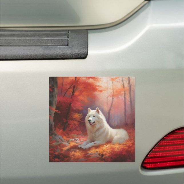 Samoyed in Autumn Leaves Fall Inspire  Car Magnet (In Situ)