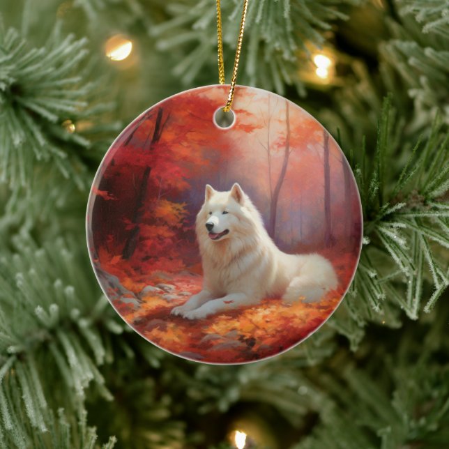 Samoyed in Autumn Leaves Fall Inspire  Ceramic Ornament (Tree)