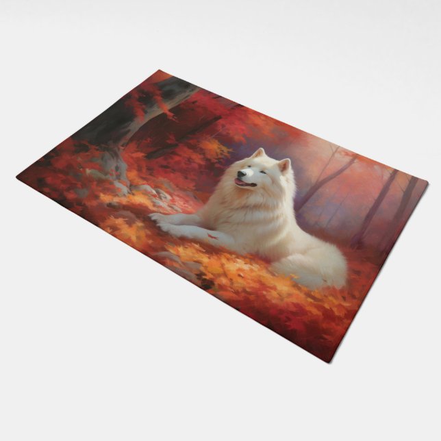 Samoyed in Autumn Leaves Fall Inspire  Doormat (Angled)