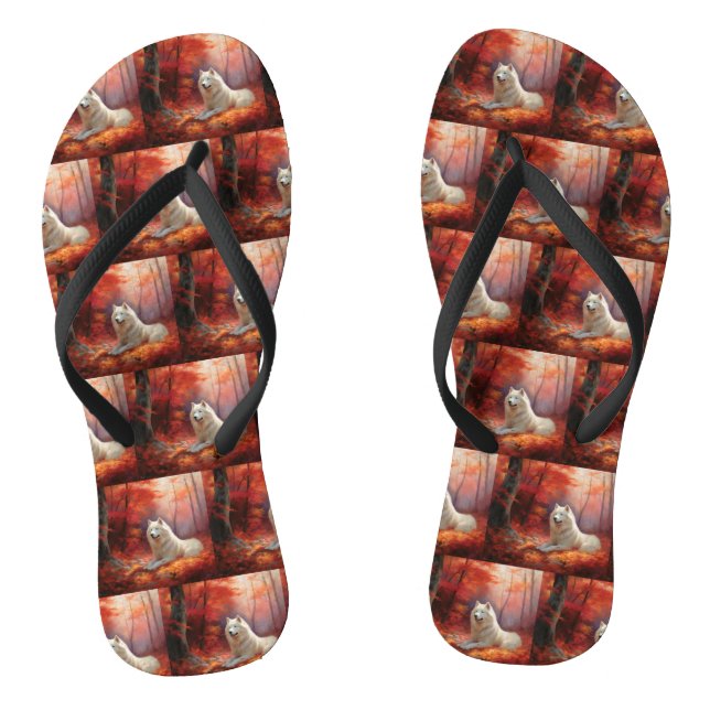 Samoyed in Autumn Leaves Fall Inspire  Flip Flops (Footbed)