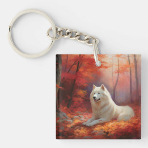 Samoyed in Autumn Leaves Fall Inspire  Keychain