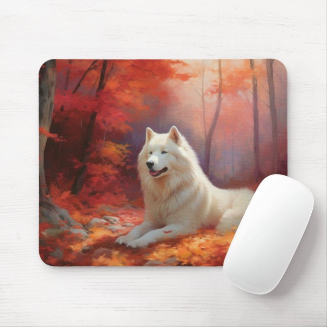 Samoyed in Autumn Leaves Fall Inspire  Mouse Pad (With Mouse)