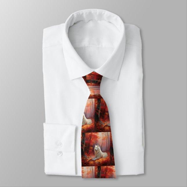 Samoyed in Autumn Leaves Fall Inspire  Neck Tie (Tied)