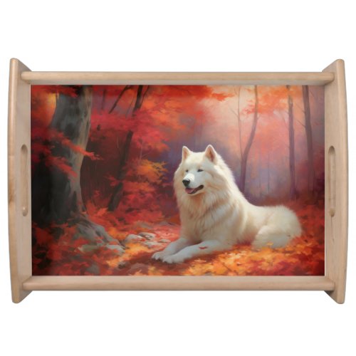 Samoyed in Autumn Leaves Fall Inspire  Serving Tray
