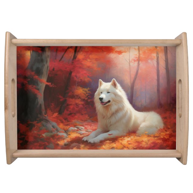 Samoyed in Autumn Leaves Fall Inspire  Serving Tray (Front)
