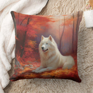 Samoyed in Autumn Leaves Fall Inspire Throw Pillow