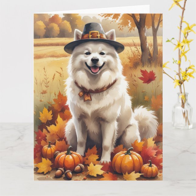 Samoyed In Autumn Leaves Thanksgiving Art Card (Yellow Flower)