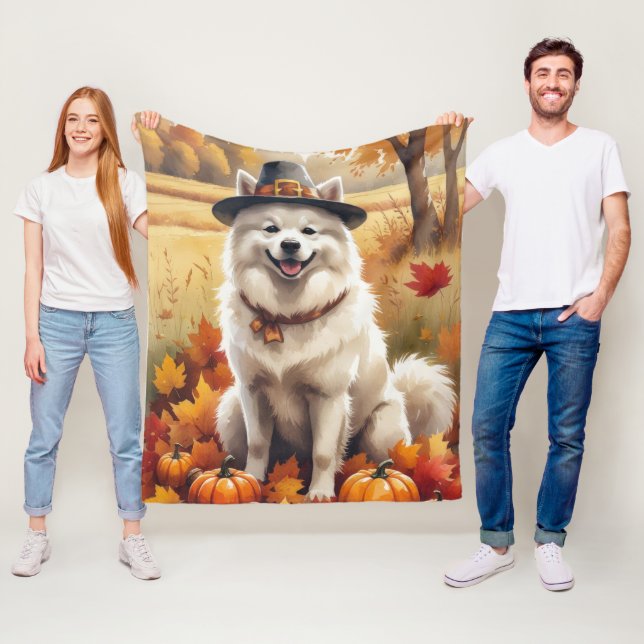 Samoyed In Autumn Leaves Thanksgiving Art Fleece Blanket (In Situ)