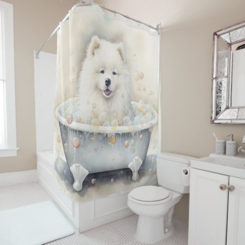 Samoyed In Bathtub Watercolor Dog Art Shower Curtain