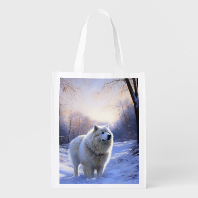 Samoyed Let It Snow Christmas Grocery Bag (Front)