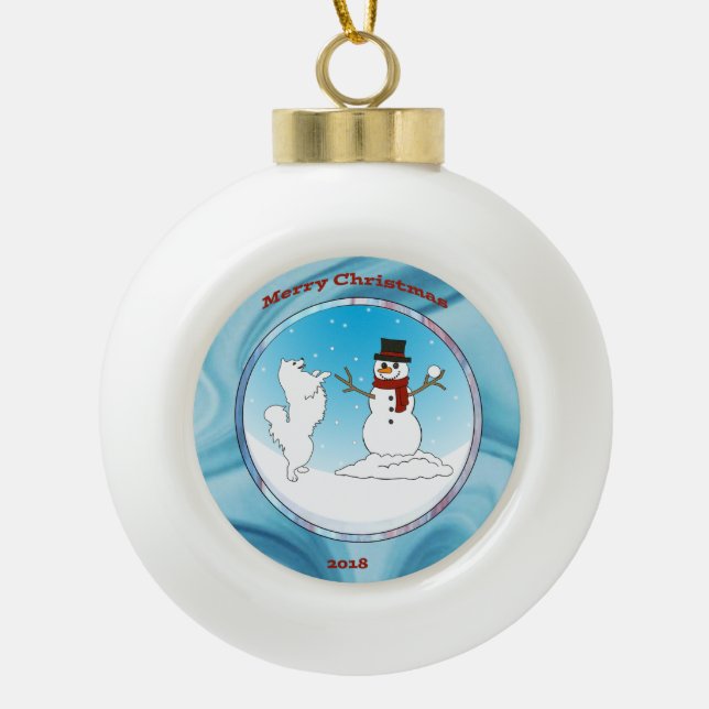 Samoyed Magic; Holiday Tree Ornament -Ceramic (Front)