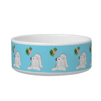 Samoyed Med. Dog Bowl; Bowing Puppy & Floral Bowl