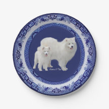 Samoyed Mini-Portrait on Blue Willow  Paper Plates