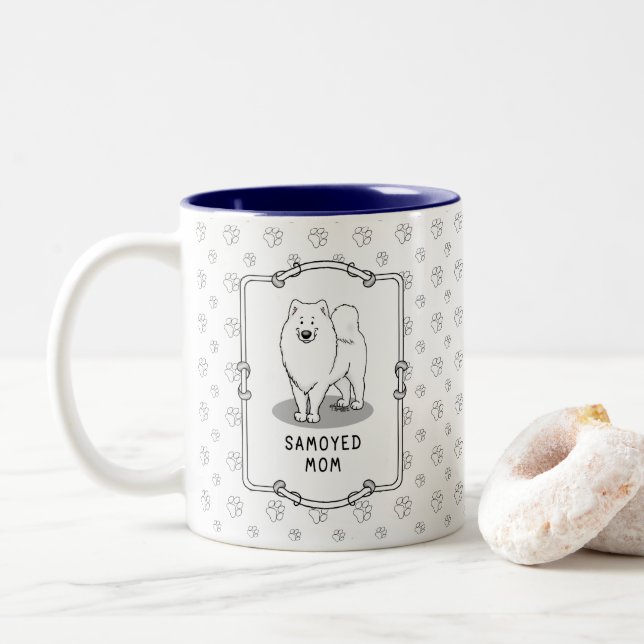 Samoyed Mom (white) Cute Fun Dog Mom Two-Tone Coffee Mug (With Donut)