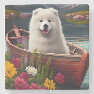 Samoyed on a Paddle: A Scenic Adventure Stone Coaster