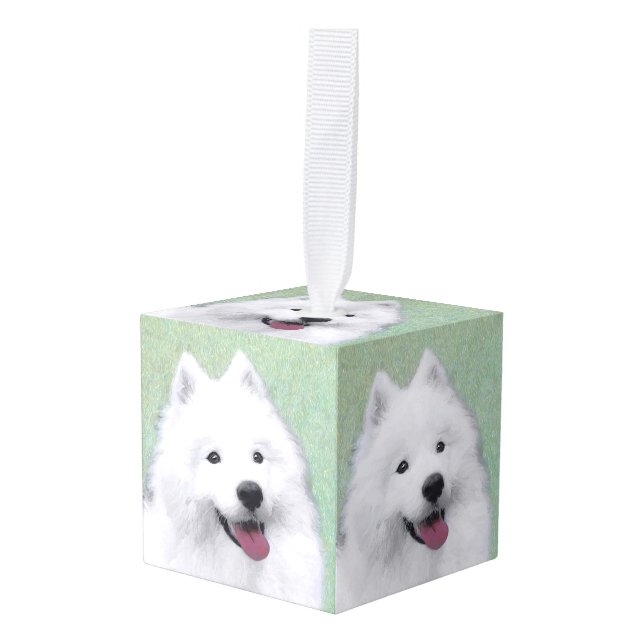 Samoyed Painting - Cute Original Dog Art Cube Ornament (Front Angled)