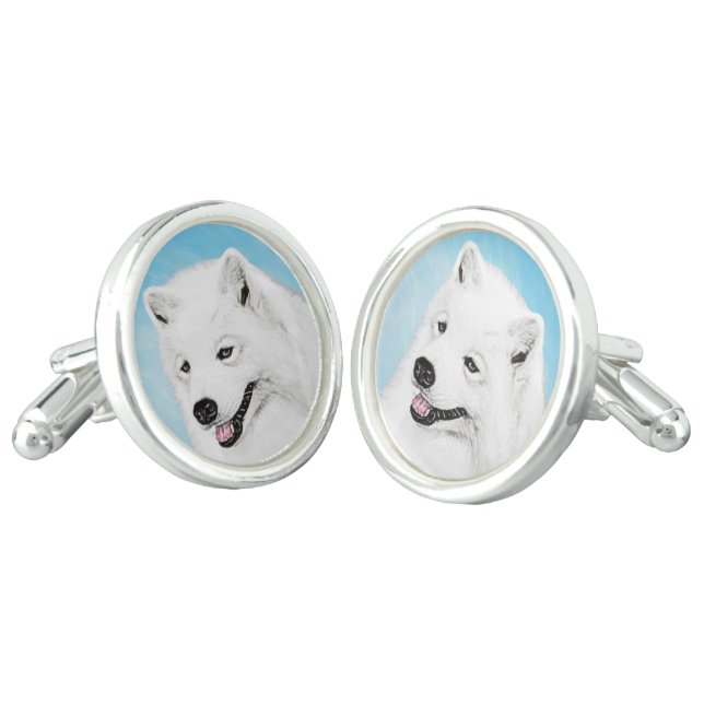 Samoyed Painting - Cute Original Dog Art Cufflinks (Angled)