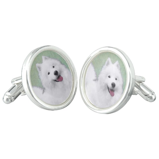 Samoyed Painting - Cute Original Dog Art Cufflinks (Angled)