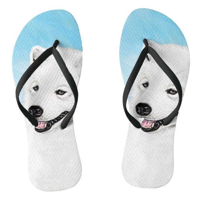 Samoyed Painting - Cute Original Dog Art Flip Flops (Footbed)