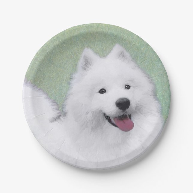 Samoyed Painting - Cute Original Dog Art Paper Plates (Front)