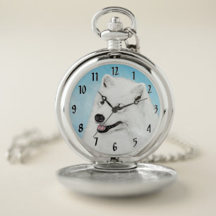 Samoyed Painting - Cute Original Dog Art Pocket Watch