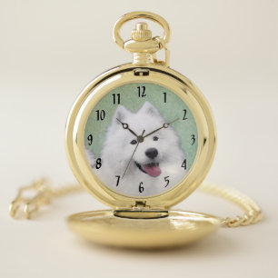Samoyed Painting - Cute Original Dog Art Pocket Watch