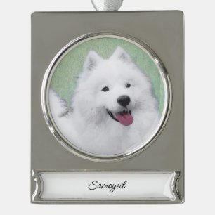 Samoyed Painting - Cute Original Dog Art Silver Pl Plated Banner Ornament