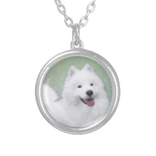 Samoyed Painting - Cute Original Dog Art Silver Plated Necklace