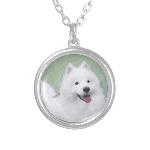 Samoyed Painting _ Cute Original Dog Art Silver Plated Necklace